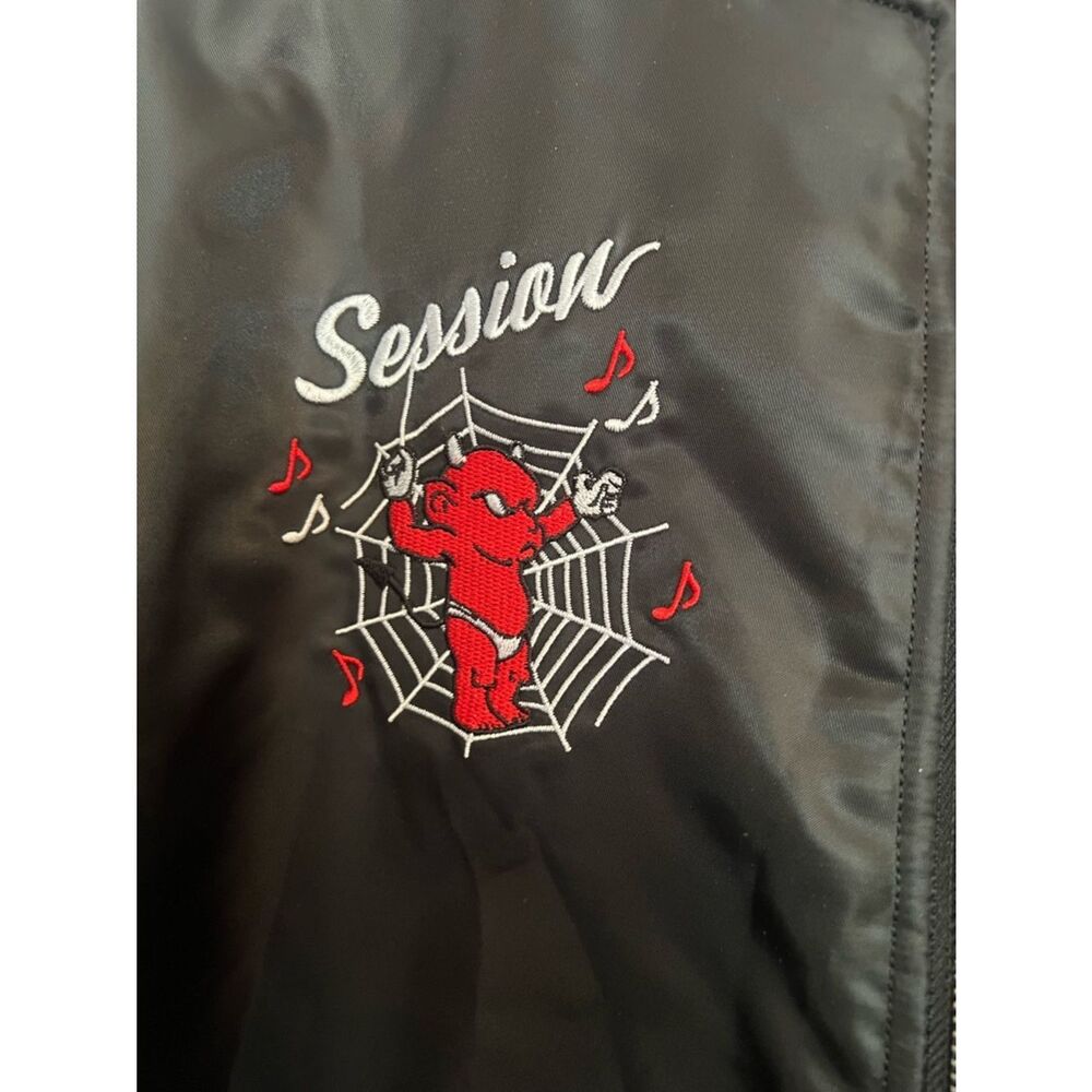 B-R-M Black Satin Bomber Jacket with Red Embroidered Graphics - Picture 3 of 6